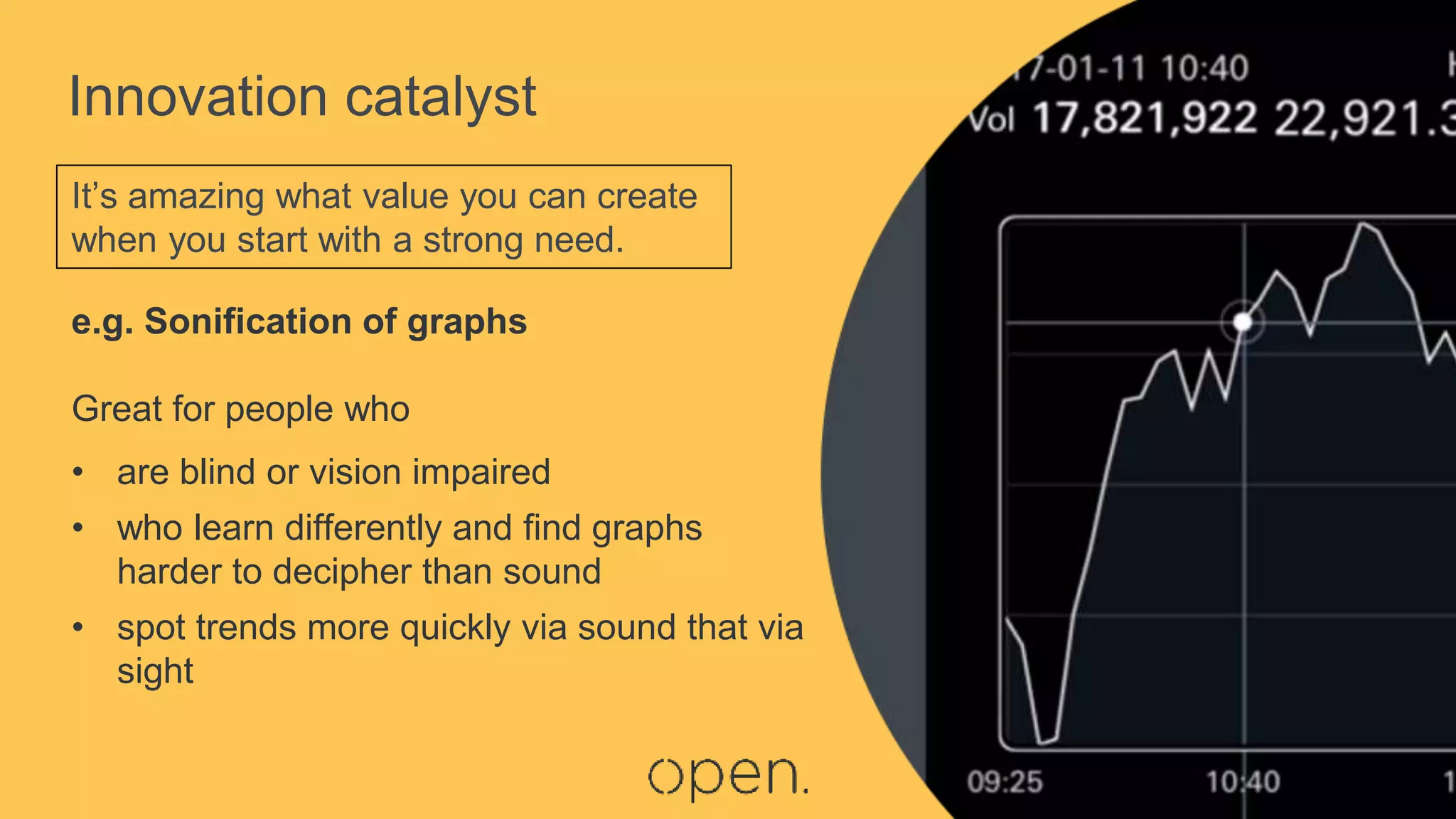 e.g. Sonification of graphs
Great for people who
• are blind or vision impaired
• who learn differently and find graphs
harder to decipher than sound
• spot trends more quickly via sound that via
sight
It’s amazing what value you can create
when you start with a strong need.
Innovation catalyst
 