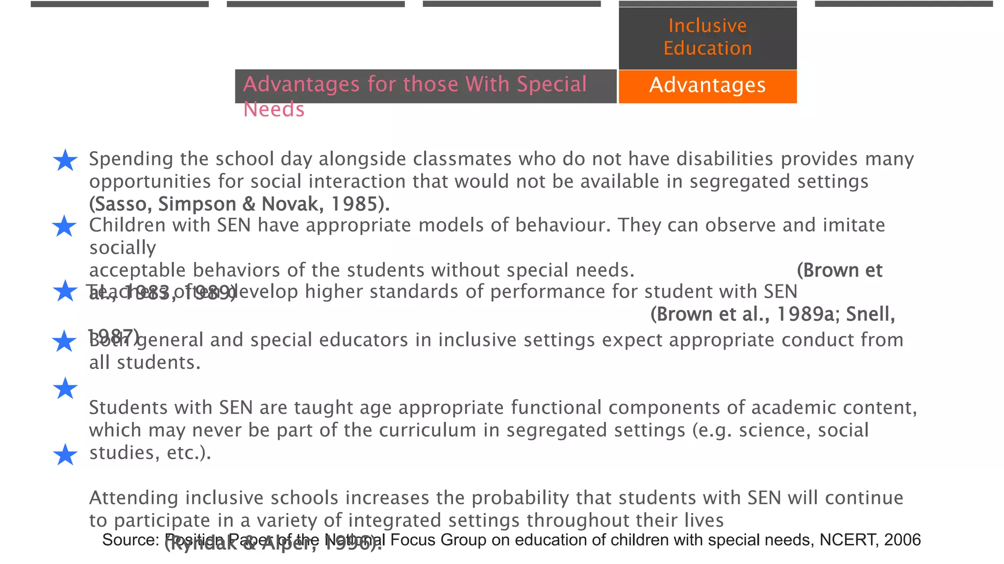 Inclusive
Education
Advantages
Source: Position Paper of the National Focus Group on education of children with special needs, NCERT, 2006
Advantages
Advantages for those With Special
Needs
Spending the school day alongside classmates who do not have disabilities provides many
opportunities for social interaction that would not be available in segregated settings
(Sasso, Simpson & Novak, 1985).
Children with SEN have appropriate models of behaviour. They can observe and imitate
socially
acceptable behaviors of the students without special needs. (Brown et
al., 1983, 1989)Teachers often develop higher standards of performance for student with SEN
(Brown et al., 1989a; Snell,
1987)Both general and special educators in inclusive settings expect appropriate conduct from
all students.
Students with SEN are taught age appropriate functional components of academic content,
which may never be part of the curriculum in segregated settings (e.g. science, social
studies, etc.).
Attending inclusive schools increases the probability that students with SEN will continue
to participate in a variety of integrated settings throughout their lives
(Ryndak & Alper, 1996).
 