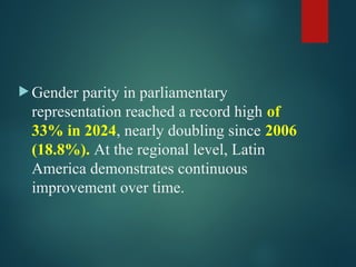  Gender parity in parliamentary
representation reached a record high of
33% in 2024, nearly doubling since 2006
(18.8%). At the regional level, Latin
America demonstrates continuous
improvement over time.
 
