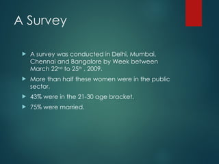 A Survey
 A survey was conducted in Delhi, Mumbai,
Chennai and Bangalore by Week between
March 22nd
to 25th
, 2009.
 More than half these women were in the public
sector.
 43% were in the 21-30 age bracket.
 75% were married.
 