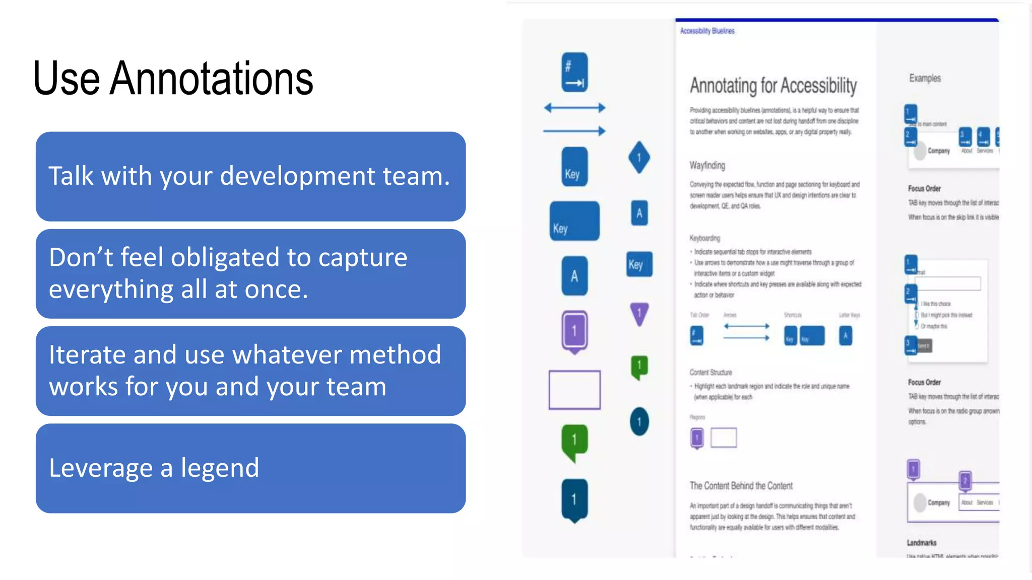 Use Annotations
Talk with your development team.
Don’t feel obligated to capture
everything all at once.
Iterate and use whatever method
works for you and your team
Leverage a legend
 