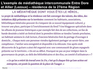 Source : http://www.la27eregion.fr/retour-sur-residence-entre-dore-et-allier-une-mediatheque-sur-la-place-publique/
L'exemple de médiathèque intercommunale Entre Dore
et Allier (Lezoux) – résidence de la 27ème Région
 