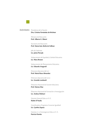 Autoridades Presidenta de la Nación
Dra. Cristina Fernández de Kirchner
Ministro de Educación
Prof. Alberto E. Sileoni
Secretaria de Educación
Prof. María Inés Abrile de Vollmer
Jefe de Gabinete
Lic. Jaime Perczyk
Subsecretaria de Equidad y Calidad Educativa
Lic. Mara Brawer
Subsecretario de Planeamiento Educativo
Lic. Eduardo Aragundi
Directora Ejecutiva del inet
Prof. María Rosa Almandoz
Directora Ejecutiva del infod
Lic. Graciela Lombardi
Directora Nacional de Gestión Educativa
Prof. Marisa Díaz
Directora Nacional de Formación e Investigación
Lic. Andrea Molinari
Gerente General Educ.ar S. E.
Rubén D’Audia
Coordinadora Programa Conectar Igualdad
Lic. Cynthia Zapata
Gerenta tic y Convergencia Educ.ar S. E.
Patricia Pomiés
 