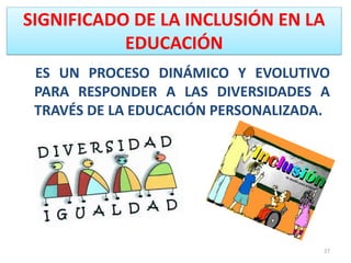SIGNIFICADO DE LA INCLUSIÓN EN LA
EDUCACIÓN
ES UN PROCESO DINÁMICO Y EVOLUTIVO
PARA RESPONDER A LAS DIVERSIDADES A
TRAVÉS DE LA EDUCACIÓN PERSONALIZADA.
27
 