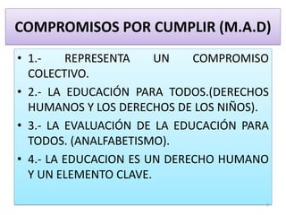 COMPROMISOS POR CUMPLIR (M.A.D)
• 1.- REPRESENTA UN COMPROMISO
COLECTIVO.
• 2.- LA EDUCACIÓN PARA TODOS.(DERECHOS
HUMANOS Y LOS DERECHOS DE LOS NIÑOS).
• 3.- LA EVALUACIÓN DE LA EDUCACIÓN PARA
TODOS. (ANALFABETISMO).
• 4.- LA EDUCACION ES UN DERECHO HUMANO
Y UN ELEMENTO CLAVE.
7
 