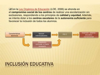 INCLUSIÓN EDUCATIVA
Con la Ley Orgánica de Educación (LOE, 2006) se ahonda en
el compromiso social de los centros de realizar una escolarización sin
exclusiones, respondiendo a los principios de calidad y equidad. Además,
se intenta dotar a los centros escolares de la autonomía suficiente para
favorecer la inclusión de todos los alumnos.
Características
alumno/a
Apoyos
individualizados
Inserción sistema
educativo
convencional
Adaptación
curricular, si fuera
necesario
P.E.C
 