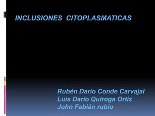 INCLUSIONES CITOPLASMATICAS




         Rubén Darío Conde Carvajal
         Luis Darío Quiroga Ortiz
         John Fabián rubio
 