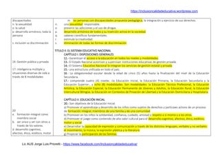 https://inclusioncalidadeducativa.wordpress.com
Lic AUS Jorge Luis Prioretti - https://www.facebook.com/Inclusioncalidadeducativa/
discapacitados
n: la sexualidad
o. la salud
p: desarrollo armónico, toda la
persona
s. inclusión vs discriminación
14. Gestión pública y privada
17: inteligencia múltiple y
situaciones diversas de vida a
través de 8 modalidades
20
a. formación integral como
miembro social
b. ser único y ser con otros a
través de los valores.
d. desarrollo cognitivo,
afectivo, ético, estético, motor
m. las personas con discapacidades propuesta pedagógica, la integración y ejercicio de sus derechos.
n. una sexualidad responsable.
o. prevenir las adicciones y el uso de drogas.
p. desarrollo armónico de todos y su inserción activa en la sociedad.
q. saberes científicos fundamentales.
r. estimule la creatividad.
s. eliminación de todas las formas de discriminación.
TITULO II: EL SISTEMA EDUCATIVO NACIONAL
CAPÍTULO I: DISPOSICIONES GENERALES
12.- Garantizan el acceso a la educación en todos los niveles y modalidades.
13.- El Estado Nacional autorizan y supervisan instituciones educativas de gestión privada.
14.- El Sistema Educativo Nacional lo integran los servicios de gestión estatal y privada.
15.- una estructura unificada en todo el país.
16.- La obligatoriedad escolar desde la edad de cinco (5) años hasta la finalización del nivel de la Educación
Secundaria.
17.- comprende cuatro (4) niveles –la Educación Inicial, la Educación Primaria, la Educación Secundaria y la
Educación Superior-, y ocho (8) modalidades. Son modalidades: la Educación Técnico Profesional, la Educación
Artística, la Educación Especial, la Educación Permanente de Jóvenes y Adultos, la Educación Rural, la Educación
Intercultural Bilingüe, la Educación en Contextos de Privación de Libertad y la Educación Domiciliaria y Hospitalaria.
CAPÍTULO II: EDUCACIÓN INICIAL
20.- Son objetivos de la Educación Inicial:
a) Promover el aprendizaje y desarrollo de los niños como sujetos de derechos y partícipes activos de un proceso
de formación integral, miembros de una familia y de una comunidad.
b) Promover en los niños la solidaridad, confianza, cuidado, amistad y respeto a sí mismo y a los otros.
d) Promover el juego como contenido de alto valor cultural para el desarrollo cognitivo, afectivo, ético, estético,
motor y social.
e) Desarrollar la capacidad de expresión y comunicación a través de los distintos lenguajes, verbales y no verbales:
el movimiento, la música, la expresión plástica y la literatura.
g) Propiciar la participación de las familias.
 