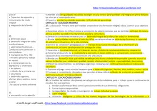 https://inclusioncalidadeducativa.wordpress.com
Lic AUS Jorge Luis Prioretti - https://www.facebook.com/Inclusioncalidadeducativa/
y social
e. Capacidad de expresión y
comunicación de modo
integral
g. integración de la familia
27.
a. dimensión social
b. desarrollo integral en todas
sus dimensiones
c. saberes significativos vs.
Conductista vincularlos con la
vida cotidiana.
d. manejo de las TIC y TAC
f. iniciativa personal y trabajo
en equipo.
g. la comprensión con la
expresión y la creatividad.
h. los valores
i. inclusión de la primaria con
la secundaria
k. desarrollo cognitivo,
afectivo, ético, estético, motor
y social
l. lo cultural y medio ambiente
30.
a. vinculación con su elección
h) Atender a las desigualdades educativas de origen social y familiar para favorecer una integración plena de todos
los niños en el sistema educativo.
i) Prevenir y atender necesidades especiales y dificultades de aprendizaje.
CAPÍTULO III: EDUCACIÓN PRIMARIA
27.- La Educación Primaria tiene por finalidad proporcionar una formación integral, básica y común y sus objetivos
son:
a) Garantizar a todos los niños el acceso a un conjunto de saberes comunes que les permitan participar de manera
plena y acorde a su edad en la vida familiar, escolar y comunitaria.
b) Ofrecer las condiciones necesarias para un desarrollo integral de la infancia en todas sus dimensiones.
c) Brindar oportunidades equitativas a todos los niños para el aprendizaje de saberes significativos y la capacidad
de aplicarlos en situaciones de la vida cotidiana.
d) Generar las condiciones pedagógicas para el manejo de las nuevas tecnologías de la información y la
comunicación, así como para la producción y recepción crítica.
f) Desarrollar la iniciativa individual y el trabajo en equipo y hábitos de convivencia solidaria y cooperación.
g) Fomentar el desarrollo de la creatividad y la expresión, el placer estético y la comprensión, conocimiento y
valoración de las distintas manifestaciones del arte y la cultura.
h) Brindar una formación ética que habilite para el ejercicio de una ciudadanía responsable y permita asumir los
valores de libertad, paz, solidaridad, igualdad, respeto a la diversidad, justicia, responsabilidad y bien común.
i) Ofrecer los conocimientos y las estrategias cognitivas necesarias para continuar los estudios en la Educación
Secundaria.
k) Promover el juego como actividad necesaria para el desarrollo cognitivo, afectivo, ético, estético, motor y social.
l) Promover el conocimiento y los valores que permitan el desarrollo de actitudes de protección y cuidado del
patrimonio cultural y el medio ambiente.
CAPÍTULO IV: EDUCACIÓN SECUNDARIA
30.- la finalidad de habilitar a los jóvenes para el ejercicio de la ciudadanía, para el trabajo y para la continuación de
estudios. Son sus objetivos:
a. Brindar una formación ética como sujetos conscientes de sus derechos y obligaciones.
b. Formar sujetos responsables.
c. las capacidades de estudio e investigación, de trabajo individual y equipo.
d. saber integrado.
e. utilización inteligente y crítica de los nuevos lenguajes de las tecnologías de la información y la
 