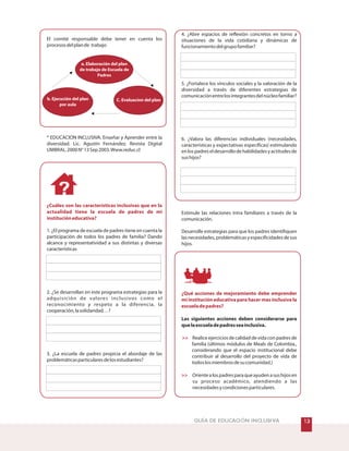 El comité responsable debe tener en cuenta los
procesosdelplande trabajo
* EDUCACION INCLUSIVA. Enseñar y Aprender entre la
diversidad. Lic. Agustín Fernández. Revista Digital
UMBRAL.2000N°13Sep2003.Www.reduc.cl
1. ¿El programa de escuela de padres tiene en cuenta la
participación de todos los padres de familia? Dando
alcance y representatividad a sus distintas y diversas
características
2. ¿Se desarrollan en este programa estrategias para la
adquisición de valores inclusivos como el
reconocimiento y respeto a la diferencia, la
cooperación,lasolidaridad…?
3. ¿La escuela de padres propicia el abordaje de las
problemáticasparticularesdelosestudiantes?
¿Cuáles son las características inclusivas que en la
actualidad tiene la escuela de padres de mi
institucióneducativa?
GUÍA DE EDUCACIÓN INCLUSIVA !
4. ¿Abre espacios de reflexión concretos en torno a
situaciones de la vida cotidiana y dinámicas de
funcionamientodelgrupofamiliar?
5. ¿Fortalece los vínculos sociales y la valoración de la
diversidad a través de diferentes estrategias de
comunicaciónentrelosintegrantesdelnúcleofamiliar?
6. ¿Valora las diferencias individuales (necesidades,
características y expectativas específicas) estimulando
enlospadreseldesarrollodehabilidadesyactitudesde
sushijos?
Estimule las relaciones intra familiares a través de la
comunicación.
Desarrolle estrategias para que los padres identifiquen
lasnecesidades,problemáticasyespecificidadesdesus
hijos.
Realiceejerciciosdecalidaddevidaconpadresde
familia (últimos módulos de Meals de Colombia.,
considerando que el espacio institucional debe
contribuir al desarrollo del proyecto de vida de
todoslosmiembrosdesucomunidad.)
Orientealospadresparaqueayudenasushijosen
su proceso académico, atendiendo a las
necesidadesycondicionesparticulares.
Las siguientes acciones deben considerarse para
quelaescueladepadresseainclusiva.
¿Qu acciones de mejoramiento debe emprender
mi institución educativa para hacer mas inclusiva la
escueladepadres?


é
a. Elaboración del plan
de trabajo de Escuela de
Padres
C. Evaluacion del planb. Ejecución del plan
por aula
 