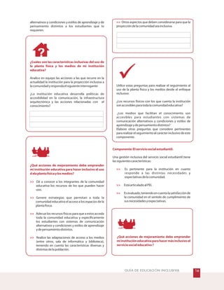 $GUÍA DE EDUCACIÓN INCLUSIVA
alternativos y condiciones y estilos de aprendizaje y de
pensamiento distintos a los estudiantes que lo
requieren.
Analice en equipo las acciones a las que recurre en la
actualidad la institución para la proyección inclusiva a
lacomunidadyrespondaelsiguienteinterrogante:
¿La institución educativa desarrolla políticas de
accesibilidad en la comunicación, la infraestructura
arquitectónica y las acciones relacionadas con el
conocimiento?
Adecue los recursos físicos para que a estos acceda
toda la comunidad educativa y específicamente
los estudiantes con sistemas de comunicación
alternativos y condiciones y estilos de aprendizaje
ydepensamientodistintos.
Realice las adaptaciones de acceso a los medios
(entre otros, sala de informática y biblioteca),
teniendo en cuenta las características diversas y
distintasdelapoblación.
Dé a conocer a los integrantes de la comunidad
educativa los recursos de los que pueden hacer
uso.
Genere estrategias que permitan a toda la
comunidad educativa el acceso a los espacios de la
plantafísica.
¿Cuáles son las características inclusivas del uso de
la planta física y los medios de mi institución
educativa?
¿Q
?
ué acciones de mejoramiento debe emprender
mi institución educativa para hacer inclusivo el uso
delaplantafísicaylosmedios





Componente:Elserviciosocialestudiantil.



¿Qué acciones de mejoramiento debe emprender
miinstitucióneducativaparahacermásinclusivoel
serviciosocialeducativo?
Otros aspectos que deben considerarse para que la
proyeccióndelacomunidadseainclusiva.
Utilice estas preguntas para realizar el seguimiento al
uso de la planta física y los medios desde el enfoque
inclusivo:
¿Los recursos físicos con los que cuenta la institución
sonaccesiblesparatodalacomunidadeducativa?
¿Los medios que facilitan el conocimiento son
accesibles para estudiantes con sistemas de
comunicación alternativos y condiciones y estilos de
aprendizajeydepensamientodistintos?
Elabore otras preguntas que considere pertinentes
pararealizarelseguimientoalcarácterinclusivodeeste
componente.
Una gestión inclusiva del servicio social estudiantil tiene
lassiguientescaracterísticas:
Es pertinente para la institución en cuanto
responde a las distintas necesidades y
expectativasdelacomunidad.
EstáarticuladoalPEI.
Esevaluado,teniendoencuentalasatisfacciónde
la comunidad en el sentido de cumplimiento de
susnecesidadesyexpectativas.
 