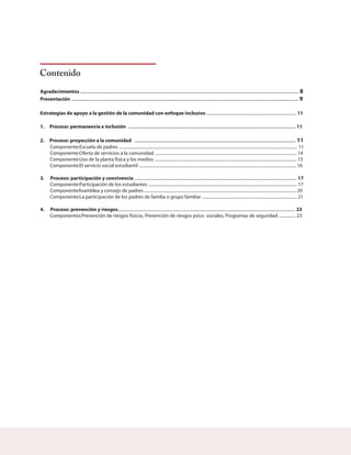 Contenido
Agradecimientos
Presentación
Estrategias de apoyo a la gestión de la comunidad con enfoque inclusivo 11
1. Proceso: permanencia e inclusión 11
2. Proceso: proyección a la comunidad
3. Proceso: participación y convivencia 17
4
...............................................................................................................................................................................
......................................................................................................................................................................................
......................................................................................................................................
.................................................................................................................................
8
9
11
....................................................................................
Componente:Escuela de padres ....................................................................................................................................................................... 11
Componente:Oferta de servicios a la comunidad. .................................................................................................................................... 14
Componente:Uso de la planta física y los medios ..................................................................................................................................... 15
Componente:El servicio social estudiantil ................................................................................................................................................... 16
........................................................................................................................................................
Componente:Participación de los estudiantes ........................................................................................................................................... 17
ComponenteAsamblea y consejo de padres .............................................................................................................................................. 20
Componente:La participación de los padres de familia o grupo familiar ......................................................................................... 21
. Proceso: prevención y riesgos 23......................................................................................................................................................................
Componentes:Prevención de riesgos físicos, Prevención de riesgos psico sociales, Programas de seguridad ................ 23
 