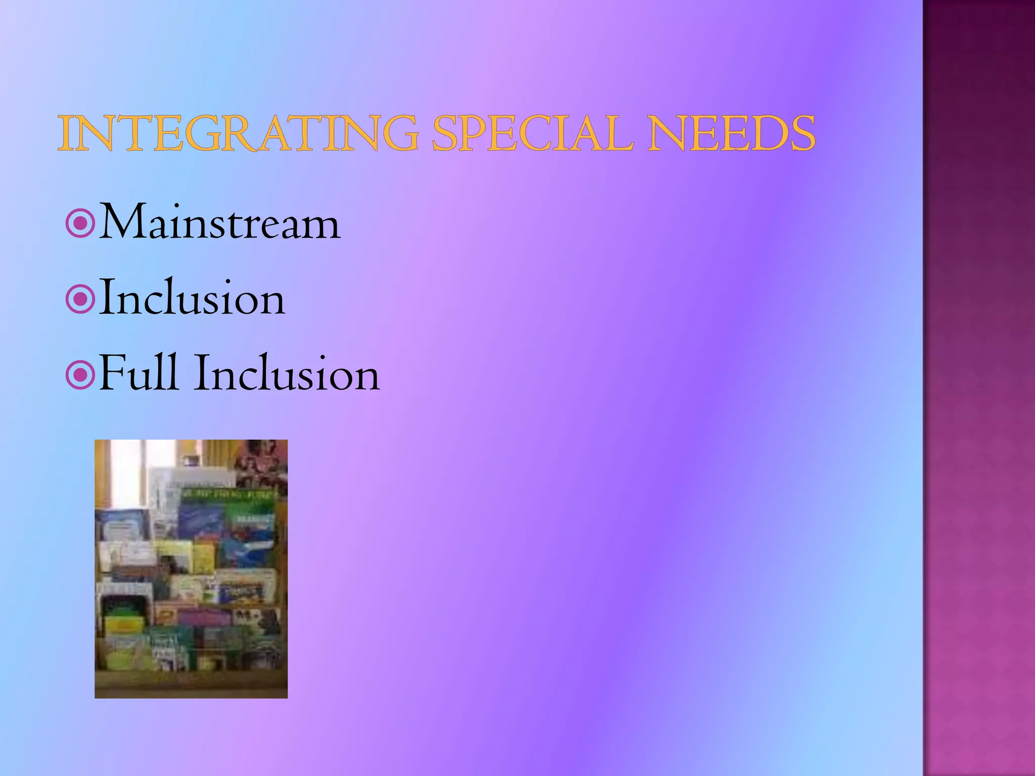 Instructional Methods and StrategiesAdapt the number of items that the learner is expected to learn or completeAdapt the time allotted and allowed for learning, task completion, or testingIncrease the amount of personal assistance with a specific learner, such as teaching assistantsAdjust the way instruction is delivered to the learner, in particular the use of different visual aids, planning more concrete examples, and providing hands-on activities,  and placing students in cooperative groups
