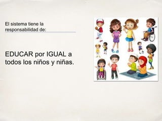 El sistema tiene la
responsabilidad de:
EDUCAR por IGUAL a
todos los niños y niñas.
 