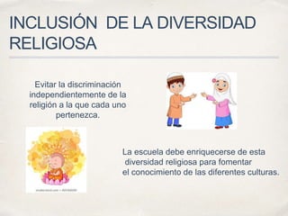 INCLUSIÓN DE LA DIVERSIDAD
RELIGIOSA
Evitar la discriminación
independientemente de la
religión a la que cada uno
pertenezca.
La escuela debe enriquecerse de esta
diversidad religiosa para fomentar
el conocimiento de las diferentes culturas.
 