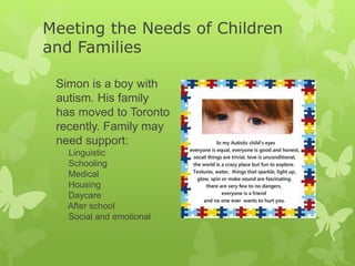 Meeting the Needs of Children
and Families
Simon is a boy with
autism. His family
has moved to Toronto
recently. Family may
need support:
Linguistic
Schooling
Medical
Housing
Daycare
After school
Social and emotional
 