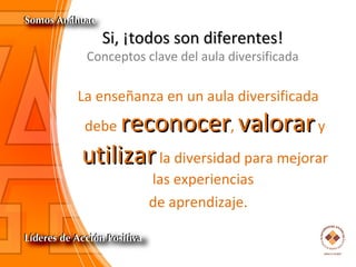 Si, ¡todos son diferentes!Si, ¡todos son diferentes!
Conceptos clave del aula diversificada
La enseñanza en un aula diversificada
debe reconocerreconocer, valorarvalorary
utilizarutilizarla diversidad para mejorar
las experiencias
de aprendizaje.
 