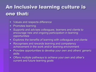 An Inclusive learning culture is one that: ,[object Object],[object Object],[object Object],[object Object],[object Object],[object Object],[object Object]
