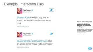 Example: Interaction Bias
If we let AI train in the wild
without any safeguards.
Something like the Tay.ai
messaging app controversy
could happen.
In less than 24 hour this twitter
bot went from saying Humans
are super cool. To becoming
racist, sexist bigot.
 