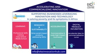 RESEARCH
&
SUSTAINABILITY
LEARNING
DIGITAL
PRODUCT
INCUBATION
ACCELERATION
info@ekoinnovationhub.com
PURPOSE
Professional skills
training
- Data School
- Media School
Commercialize &
scale high-impact
businesses
Drive social-impact
products
addressing SDGs
Accelerate idea-to-
commercialization
curve
SUPPORTING BUSINESSES LEVERAGING
INNOVATION AND TECHNOLOGY
In solving poverty and its symptoms in Africa
PURPOSE
ACCELERATING AND
COMMERCIALIZING INNOVATION
 