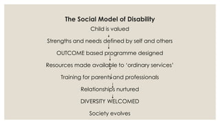 The Social Model of Disability 
Child is valued 
Strengths and needs defined by self and others 
OUTCOME based programme designed 
Resources made available to ‘ordinary services’ 
Training for parents and professionals 
Relationships nurtured 
DIVERSITY WELCOMED 
Society evolves 
 