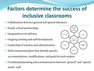 Factors determine the success of
inclusive classrooms
 Collaboration between general and special educators
 Family-school partnerships
 Integrated service delivery
 Ongoing training and staff development
 Leadership of teachers and administrators
 Well-constructed plans that identify specific
accommodations, modifications, and goals for each student
 Coordinated planning and communication between "general" and "special
needs" staff
 