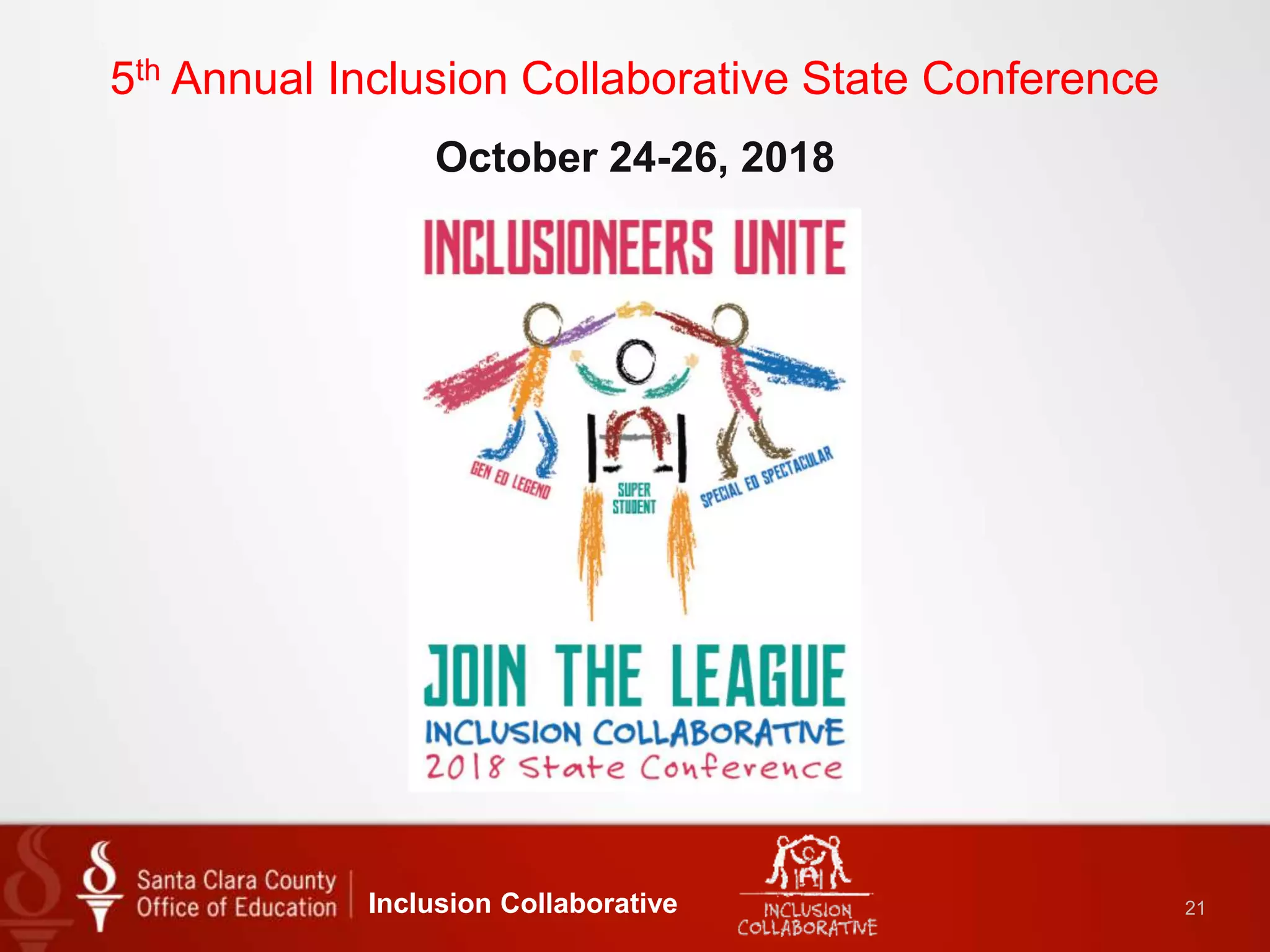 5th Annual Inclusion Collaborative State Conference
Inclusion Collaborative 21
October 24-26, 2018
 