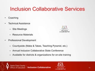 Inclusion Collaborative Services
• Coaching
• Technical Assistance
– Site Meetings
– Resource Materials
• Professional Development
– Countywide (Make & Takes, Teaching Pyramid, etc.)
– Annual Inclusion Collaborative State Conference
– Available for districts & organizations for on-site training
Inclusion Collaborative 15
 
