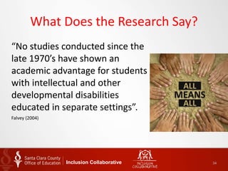 What Does the Research Say?
“No studies conducted since the
late 1970’s have shown an
academic advantage for students
with intellectual and other
developmental disabilities
educated in separate settings”.
Falvey (2004)
Inclusion Collaborative 34
ALL
ALL
MEANS
 
