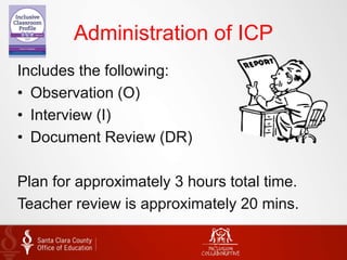Administration of ICP
Includes the following:
• Observation (O)
• Interview (I)
• Document Review (DR)
Plan for approximately 3 hours total time.
Teacher review is approximately 20 mins.
 