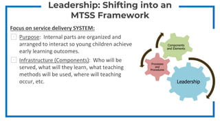 Leadership: Shifting into an
MTSS Framework
Focus on service delivery SYSTEM:
⊡ Purpose: Internal parts are organized and
...