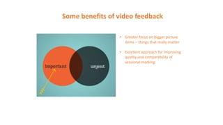Some benefits of video feedback
• Greater focus on bigger picture
items – things that really matter
• Excellent approach for improving
quality and comparability of
sessional marking
 