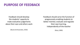 Feedback should serve the function of
progressively enabling students to
better monitor, evaluate and regulate
their own learning,
independently of the teacher
(Nicol, 2009)
PURPOSE OF FEEDBACK
Feedback should develop
the students’ capacity to
make evaluative judgements
about their own and others work
(Boud and Associates, 2010)
 