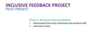 INCLUSIVE FEEDBACK PROJECT
PILOT PROJECT
Phase 1: Research and consultation
• Interviewed and survey continuing and sessional staff
• Literature review
 
