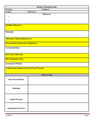 Inclusive Planning Guide
Teacher:                                        Subject:
Grade:                      Week of :
                                              Objectives
   o

   o

Modified Objectives:


Materials:


Alternative Materials/Resources:

Classroom/Environmental Adaptations:

Accommodations:


IEP Goals Addressed:

IEP Assessment Used:

Assessment Method:

Collaboration Method with Para/Team Teacher:


                                             Whole Group

   Introduction/Hook:



           Modeling:




       Guided Practice:



  Independent Practice:


L. White                                                           Page 1
 