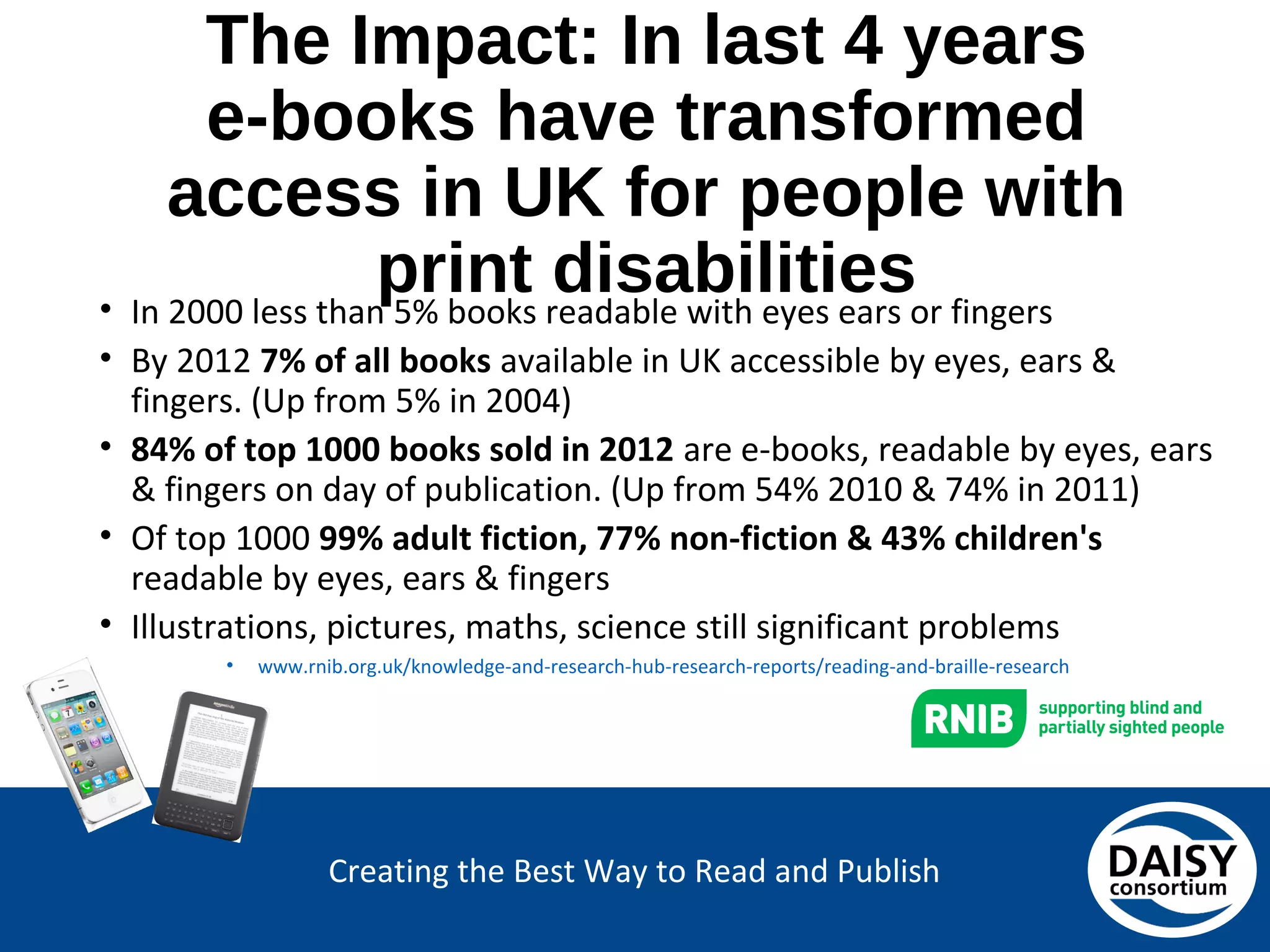 Creating the Best Way to Read and Publish
The Impact: In last 4 years
e-books have transformed access in UK for
people with print disabilities
• In 2000 less than 5% books readable with eyes ears or fingers
• By 2012 7% of all books available in UK accessible by eyes, ears &
fingers. (Up from 5% in 2004)
• 84% of top 1000 books sold in 2012 are e-books, readable by eyes, ears
& fingers on day of publication. (Up from 54% 2010 & 74% in 2011)
• Of top 1000 99% adult fiction, 77% non-fiction & 43% children's
readable by eyes, ears & fingers
• Illustrations, pictures, maths, science still significant problems
• www.rnib.org.uk/knowledge-and-research-hub-research-reports/reading-and-braille-research
 