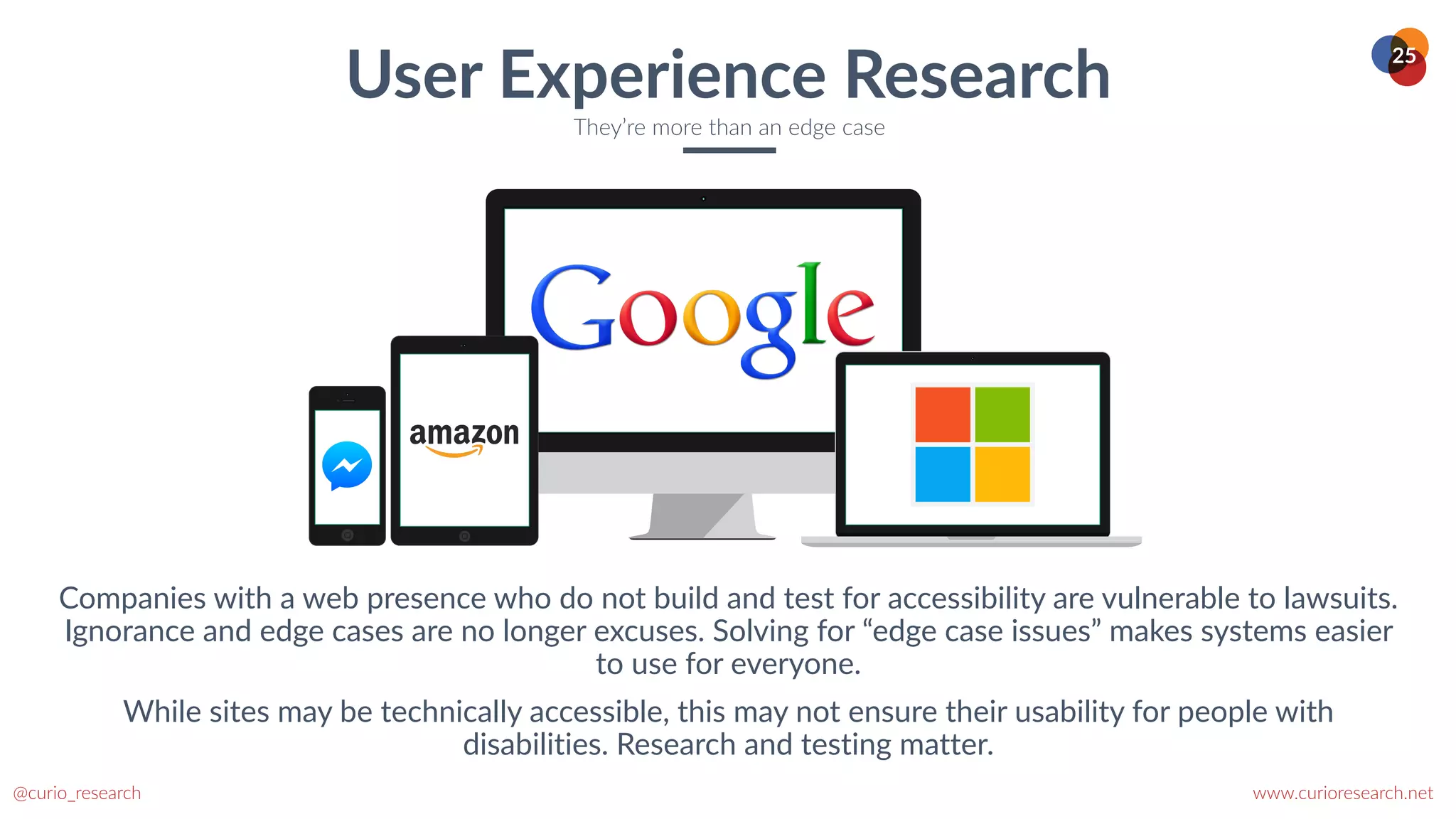www.curioresearch.net
@curio_research
25
User Experience Research
They’re more than an edge case
Companies with a web presence who do not build and test for accessibility are vulnerable to lawsuits.
Ignorance and edge cases are no longer excuses. Solving for “edge case issues” makes systems easier
to use for everyone.


While sites may be technically accessible, this may not ensure their usability for people with
disabilities. Research and testing matter.
 