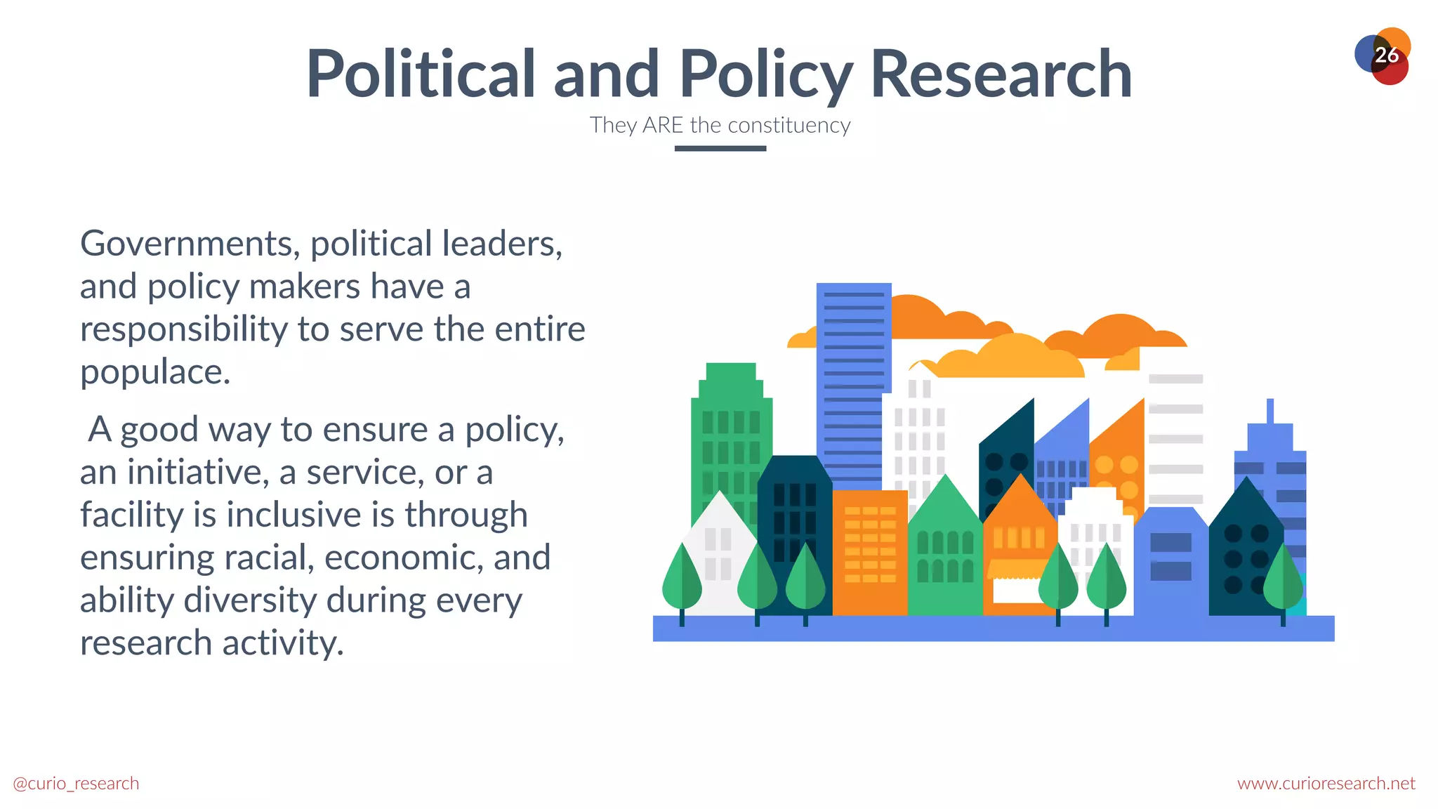 www.curioresearch.net
@curio_research
26
Political and Policy Research
They ARE the constituency
Governments, political leaders,
and policy makers have a
responsibility to serve the entire
populace.


A good way to ensure a policy,
an initiative, a service, or a
facility is inclusive is through
ensuring racial, economic, and
ability diversity during every
research activity.
 