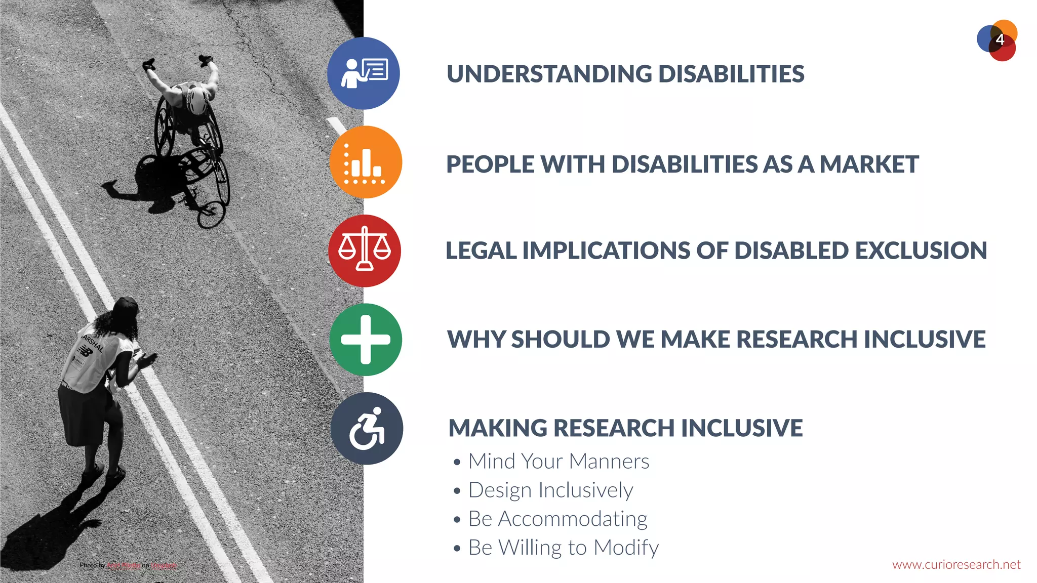 www.curioresearch.net
@curio_research
4
UNDERSTANDING DISABILITIES
LEGAL IMPLICATIONS OF DISABLED EXCLUSION
PEOPLE WITH DISABILITIES AS A MARKET
WHY SHOULD WE MAKE RESEARCH INCLUSIVE
MAKING RESEARCH INCLUSIVE
• Mind Your Manners


• Design Inclusively


• Be Accommodating


• Be Willing to Modify
Photo by Ariel Pilo
tt
o on Unsplash


 