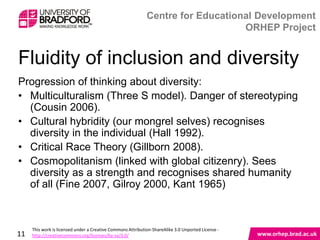 Fluidity of inclusion and diversity

 Progression of thinking about diversity:
 • Multiculturalism (Three S model). Danger of stereotyping
   (Cousin 2006).
 • Cultural hybridity (our mongrel selves) recognises
   diversity in the individual (Hall 1992).
 • Critical Race Theory (Gillborn 2008).
 • Cosmopolitanism (linked with global citizenry). Sees
   diversity as a strength and recognises shared humanity
   of all (Fine 2007, Gilroy 2000, Kant 1965)


11
 