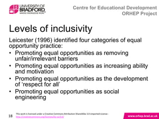 Levels of inclusivity

Leicester (1996) identified four categories of equal
opportunity practice:
• Promoting equal opportunities as removing
  unfair/irrelevant barriers
• Promoting equal opportunities as increasing ability
  and motivation
• Promoting equal opportunities as the development
  of „respect for all‟
• Promoting equal opportunities as social
  engineering

18
 