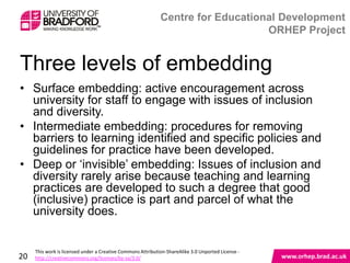 Three levels of embedding
• Surface embedding: active encouragement across
  university for staff to engage with issues of inclusion
  and diversity.
• Intermediate embedding: procedures for removing
  barriers to learning identified and specific policies and
  guidelines for practice have been developed.
• Deep or „invisible‟ embedding: Issues of inclusion and
  diversity rarely arise because teaching and learning
  practices are developed to such a degree that good
  (inclusive) practice is part and parcel of what the
  university does.

20
 