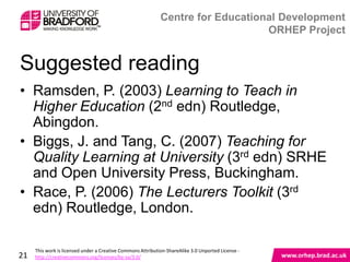 Suggested reading

• Ramsden, P. (2003) Learning to Teach in
  Higher Education (2nd edn) Routledge,
  Abingdon.
• Biggs, J. and Tang, C. (2007) Teaching for
  Quality Learning at University (3rd edn) SRHE
  and Open University Press, Buckingham.
• Race, P. (2006) The Lecturers Toolkit (3rd
  edn) Routledge, London.

21
 