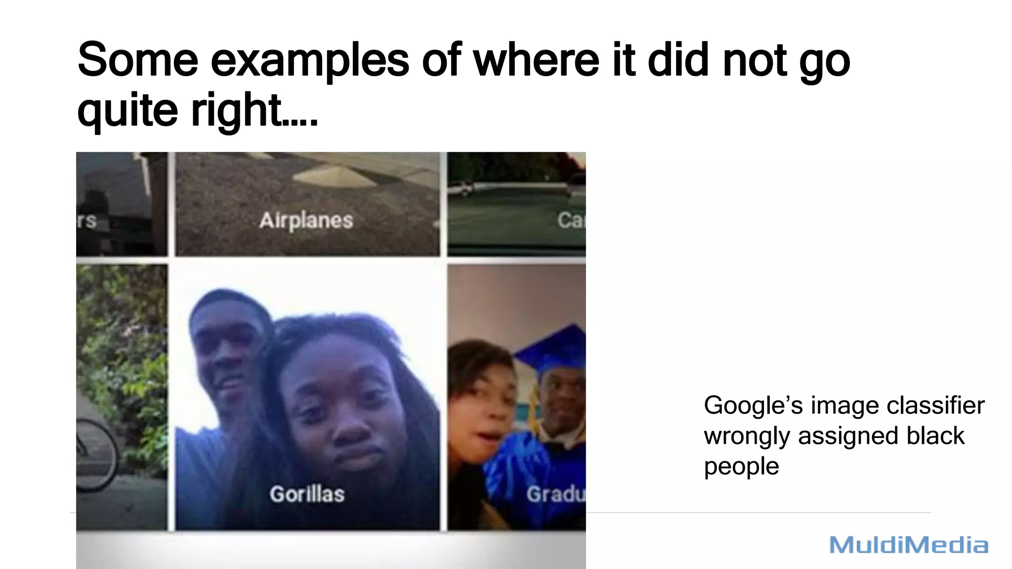 Some examples of where it did not go
quite right….
Google’s image classifier
wrongly assigned black
people
 