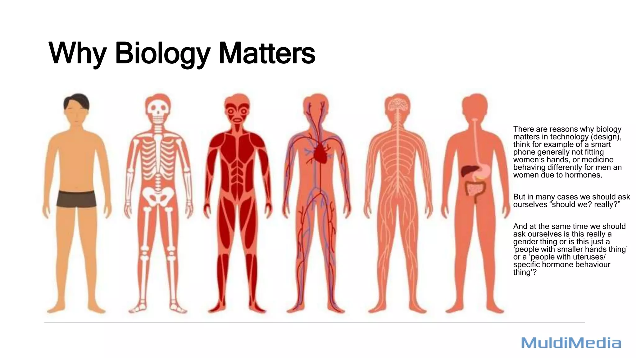 Why Biology Matters
There are reasons why biology
matters in technology (design),
think for example of a smart
phone generally not fitting
women’s hands, or medicine
behaving differently for men an
women due to hormones.
But in many cases we should ask
ourselves “should we? really?”
And at the same time we should
ask ourselves is this really a
gender thing or is this just a
‘people with smaller hands thing’
or a ‘people with uteruses/
specific hormone behaviour
thing’?
 