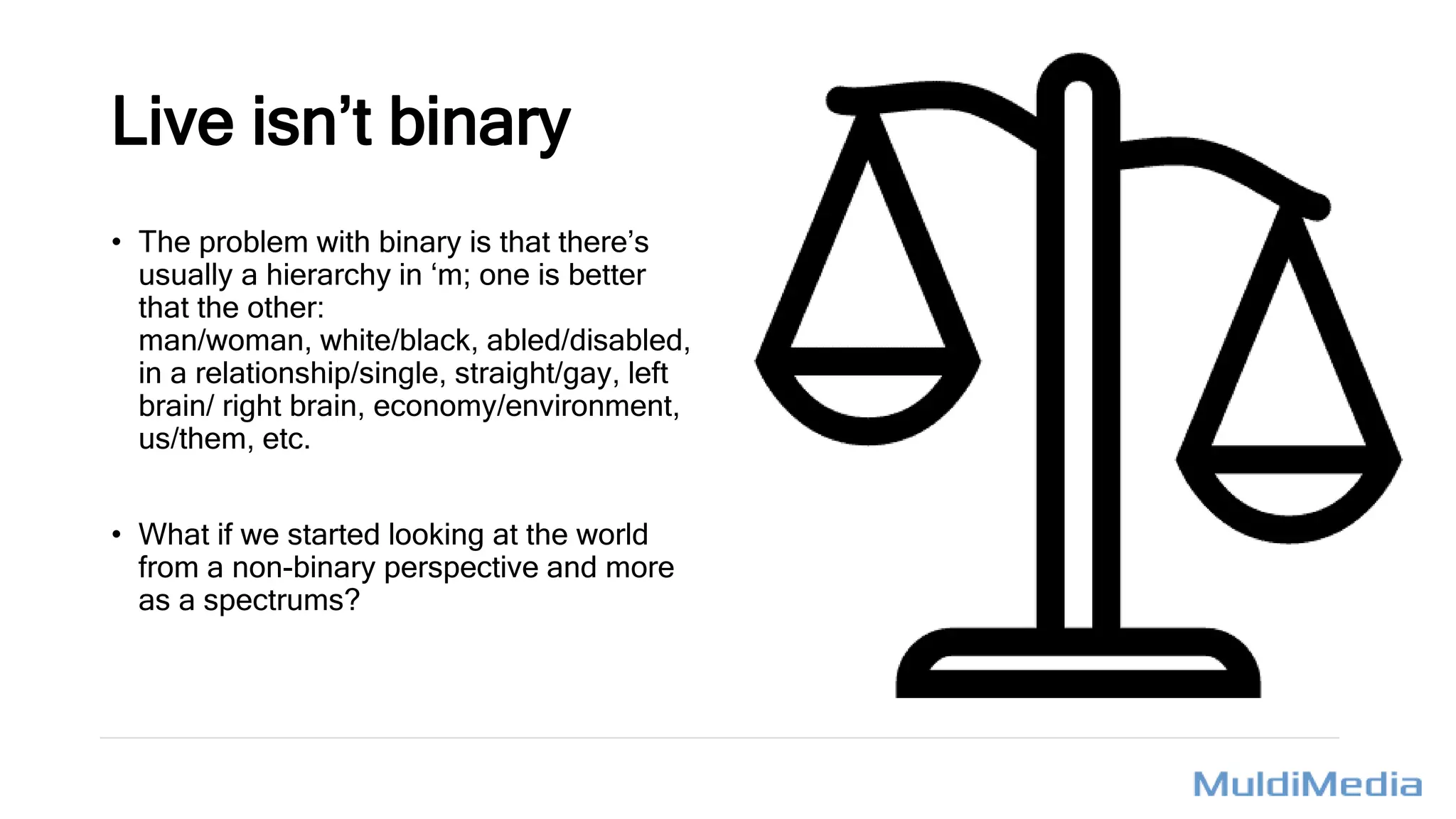 Live isn’t binary
M U L D I M E D I A
• The problem with binary is that there’s
usually a hierarchy in ‘m; one is better
that the other:
man/woman, white/black, abled/disabled,
in a relationship/single, straight/gay, left
brain/ right brain, economy/environment,
us/them, etc.
• What if we started looking at the world
from a non-binary perspective and more
as a spectrums?
 