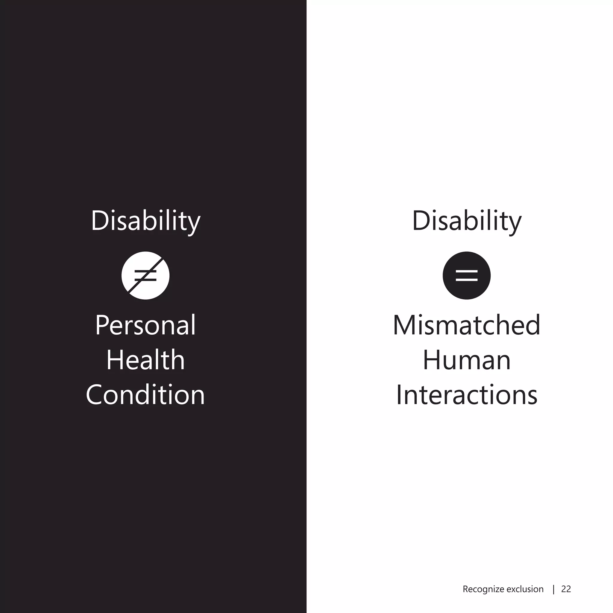 21
Disability
is not equal to
Personal
Health
Condition
Disability
equals
Mismatched
Human
Interactions
Recognize exclusion | 22
 
