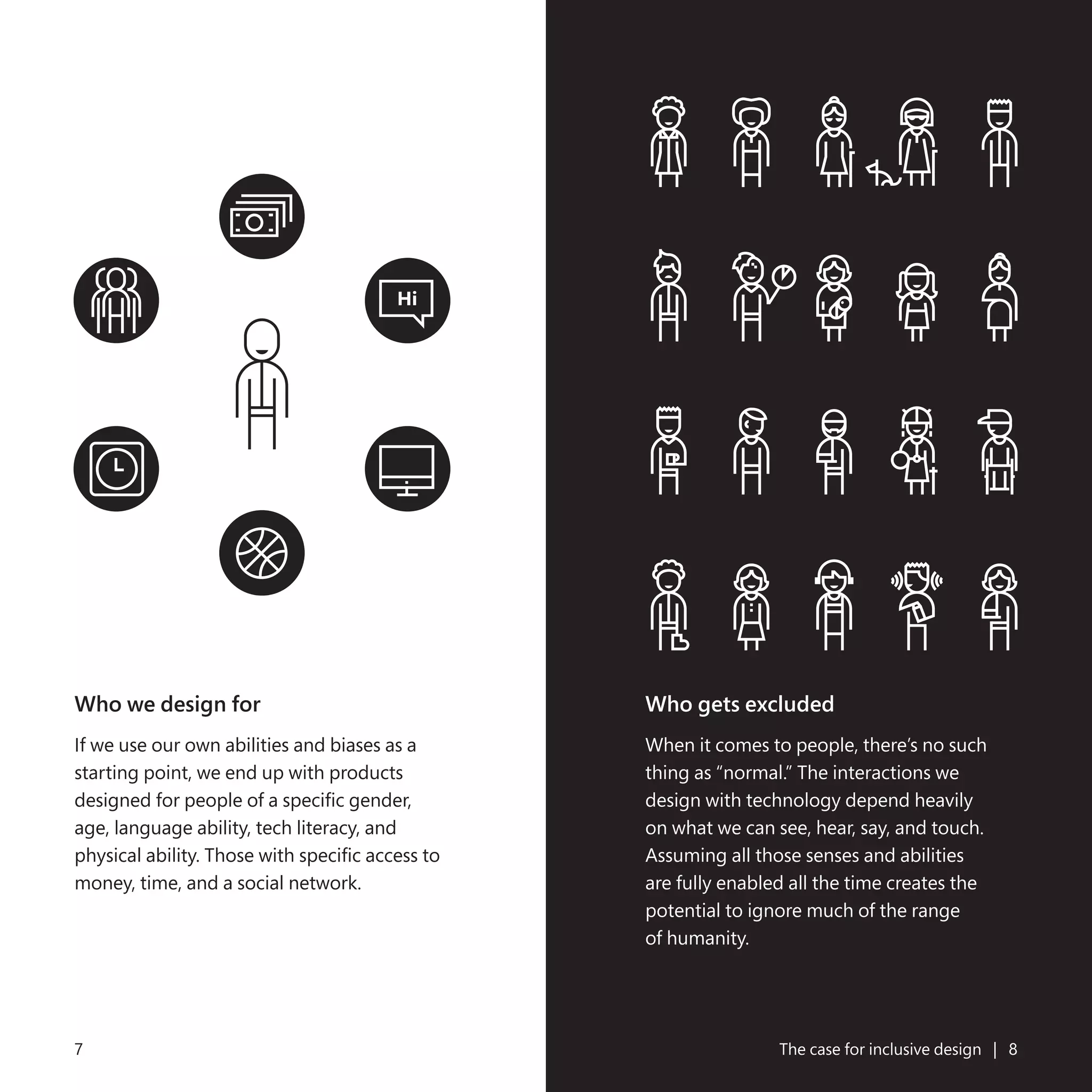 7 The case for inclusive design | 8
Who we design for
If we use our own abilities and biases as a
starting point, we end up with products
designed for people of a specific gender,
age, language ability, tech literacy, and
physical ability. Those with specific access to
money, time, and a social network.
Who gets excluded
When it comes to people, there’s no such
thing as “normal.” The interactions we
design with technology depend heavily
on what we can see, hear, say, and touch.
Assuming all those senses and abilities
are fully enabled all the time creates the
potential to ignore much of the range
of humanity.
Hi
 