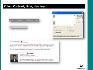 Colour Contrast, Links, Headings
 