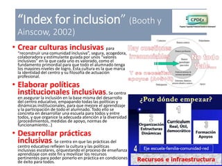 “Index for inclusion” (Booth y
Ainscow, 2002)
• Crear culturas inclusivas para
“reconstruir una comunidad inclusiva”, segu...